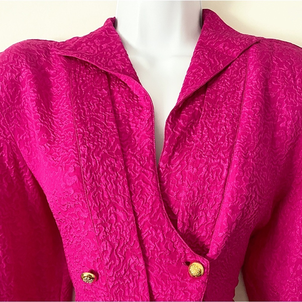 Vintage Silk Hot Pink Button-Up Statement Shoulder Barbiecore Long Sleeve Blouse - Picture 11 of 14